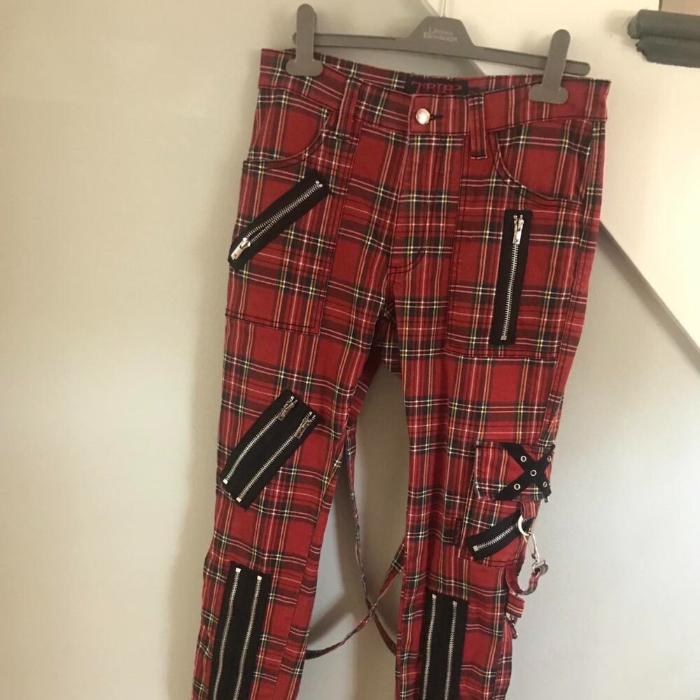 Tripp NYC Red Plaid Punk Bondage Pants w/ straps, Size 28, Juniors 7